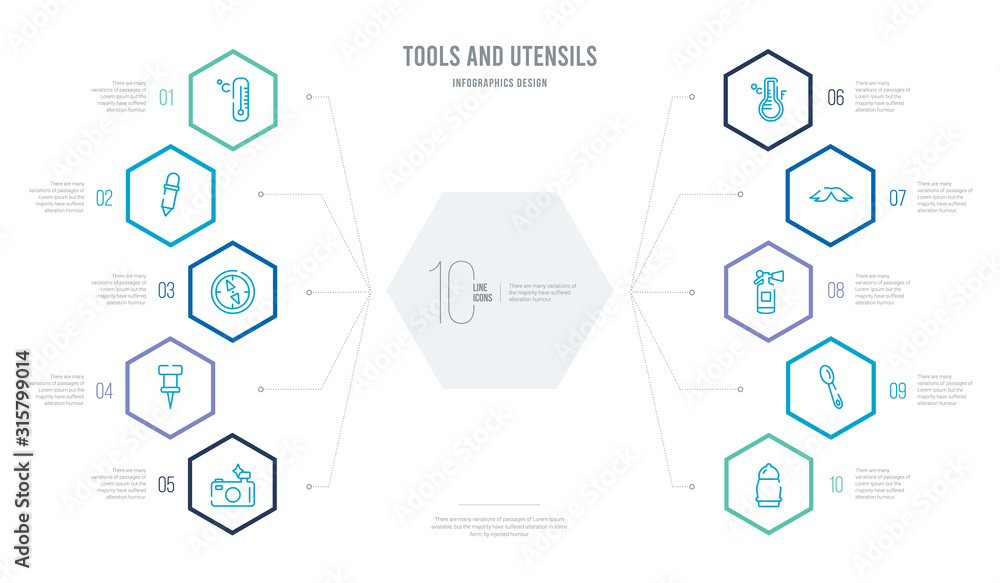 tools and utensils concept business infographic design with 10 hexagon options. outline icons such as pepper container, large spoon, flame extinguisher, moustaches, mercury thermometer degrees, tools and utensils concept business infographic design with 10 hexagon options. outline icons such as pepper container, large spoon, flame extinguisher, moustaches, mercury thermometer degrees,