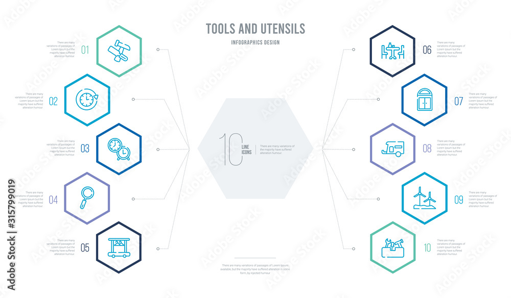 tools and utensils concept business infographic design with 10 hexagon options. outline icons such as set, windmills, house on wheels, doors, dining set, magnifier tools and utensils concept business infographic design with 10 hexagon options. outline icons such as set, windmills, house on wheels, doors, dining set, magnifier