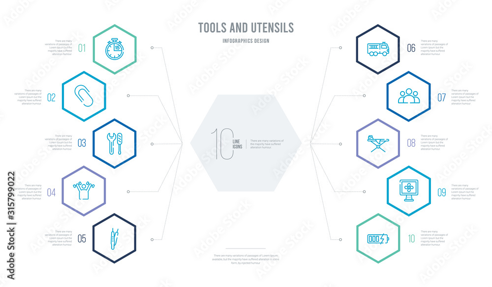 tools and utensils concept business infographic design with 10 hexagon options. outline icons such as battery charging, table fan, iron table, squad, firetruck, exercise with dumbbells tools and utensils concept business infographic design with 10 hexagon options. outline icons such as battery charging, table fan, iron table, squad, firetruck, exercise with dumbbells