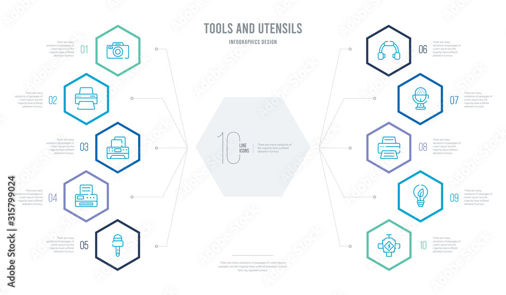tools and utensils concept business infographic design with 10 hexagon options. outline icons such as engine with lighting bolt, eco light bulb, printer with written paper, microphone of vintage de, tools and utensils concept business infographic design with 10 hexagon options. outline icons such as engine with lighting bolt, eco light bulb, printer with written paper, microphone of vintage de,