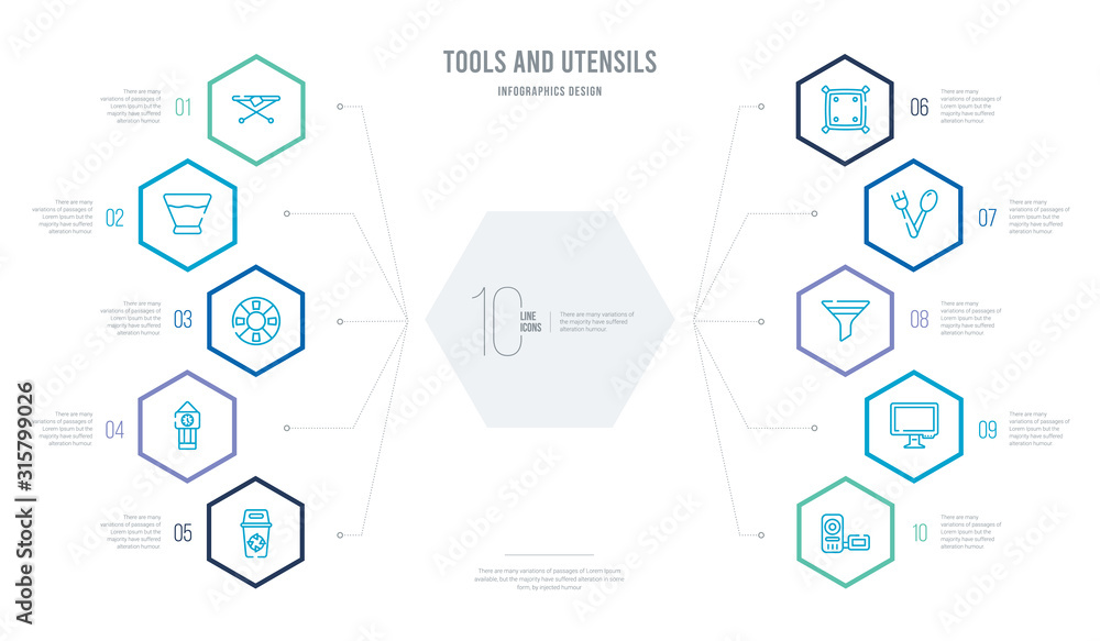 tools and utensils concept business infographic design with 10 hexagon options. outline icons such as video camera from frontal view, screen in black, filtering, utensils, cushion, times square