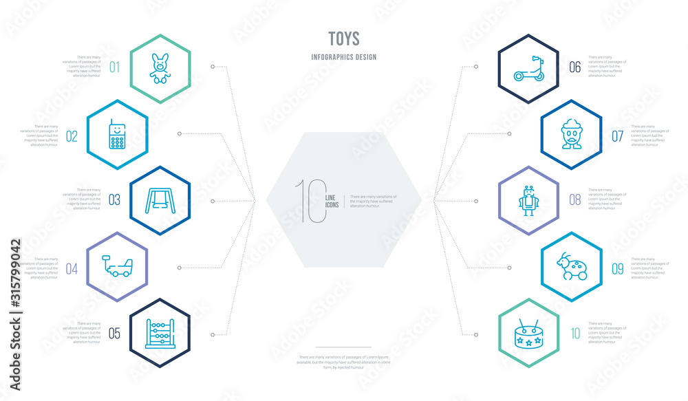 toys concept business infographic design with 10 hexagon options. outline icons such as drum toy, toy toy, robot mrs potato scooter cart toys concept business infographic design with 10 hexagon options. outline icons such as drum toy, toy toy, robot mrs potato scooter cart