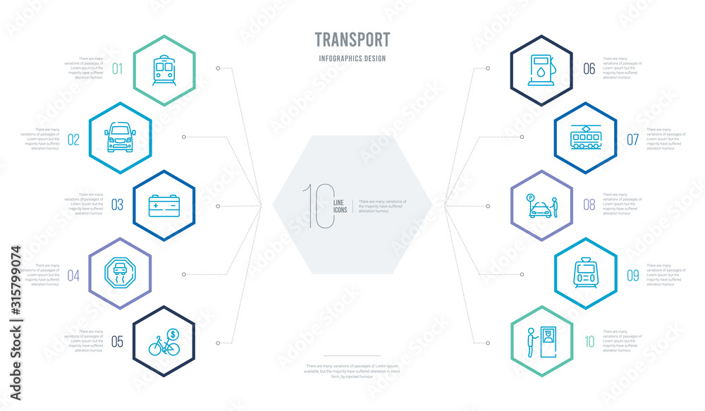 transport concept business infographic design with 10 hexagon options. outline icons such as airport checking, tram stop, parking men, tram stop label, petrol station, slippy road transport concept business infographic design with 10 hexagon options. outline icons such as airport checking, tram stop, parking men, tram stop label, petrol station, slippy road
