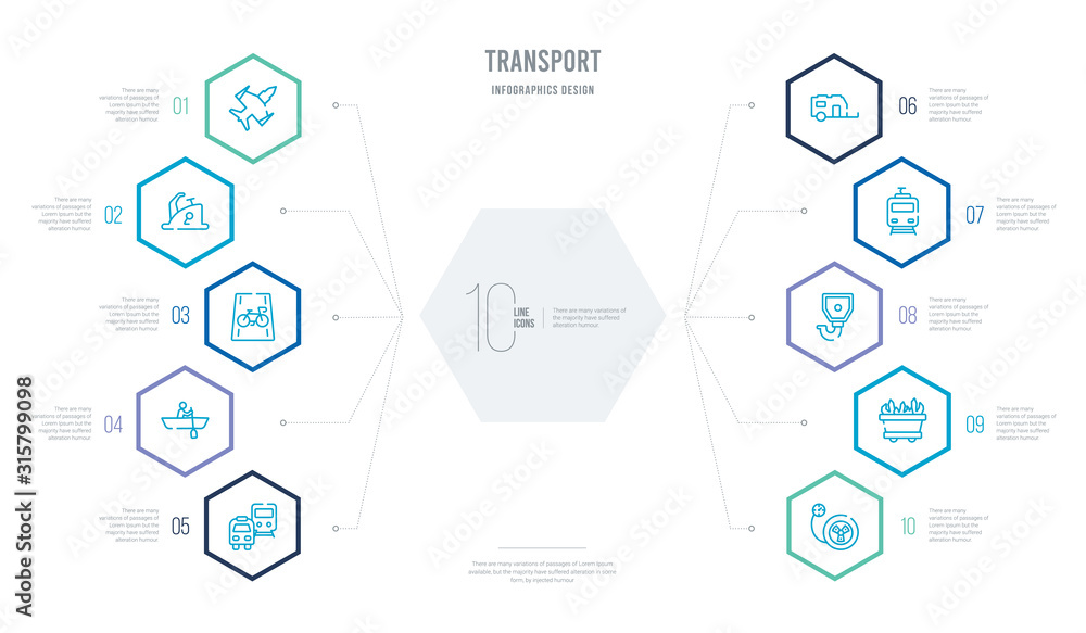 transport concept business infographic design with 10 hexagon options. outline icons such as measuring utensils, minerals, hooks, train on railroad, road caravan, canoe & athlete transport concept business infographic design with 10 hexagon options. outline icons such as measuring utensils, minerals, hooks, train on railroad, road caravan, canoe & athlete