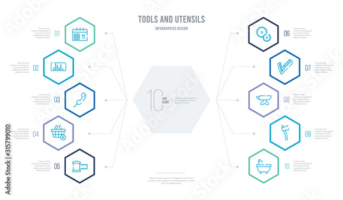 tools and utensils concept business infographic design with 10 hexagon options. outline icons such as bath tub, hand axe, metal, combs, cardinal, empty shopping basket