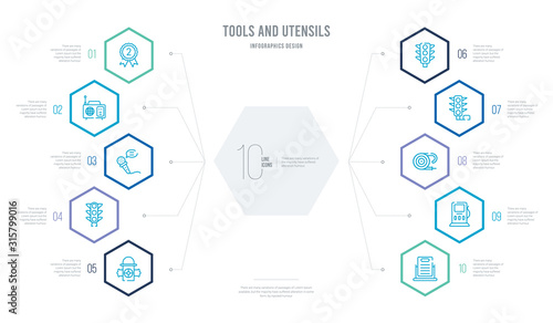 tools and utensils concept business infographic design with 10 hexagon options. outline icons such as daily specials board, fuel oil bomb service, hosepipe tool to extinguish fire or gardening,