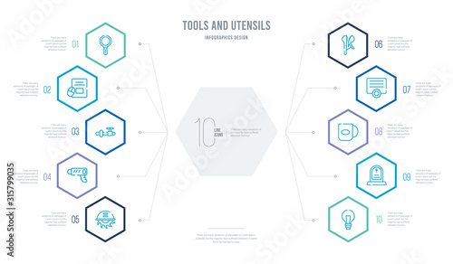 tools and utensils concept business infographic design with 10 hexagon options. outline icons such as incandescent, grave, hot cup of coffee, program settings, wire cutter, hammer drill