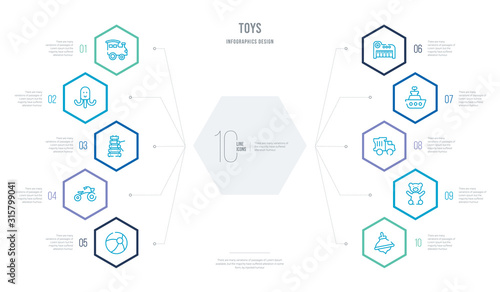 toys concept business infographic design with 10 hexagon options. outline icons such as spinning top toy, teddy bear toy, dump truck toy, boat piano tricycle