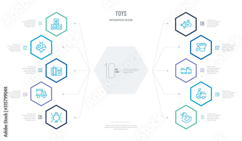 toys concept business infographic design with 10 hexagon options. outline icons such as duck toy, ride on toy, fire truck toy, bucket submarine truck