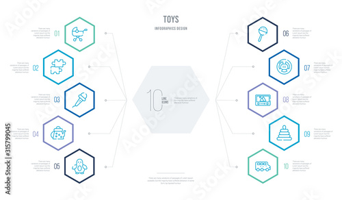 toys concept business infographic design with 10 hexagon options. outline icons such as bus toy, pyramid toy, etch a sketch toy, steering wheel rattle watering can