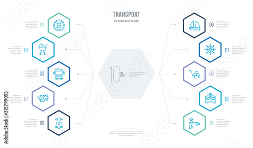 transport concept business infographic design with 10 hexagon options. outline icons such as car painting, car repair, cart with boxes, ship wheel, sail boat, blimp