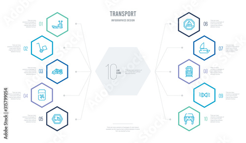 transport concept business infographic design with 10 hexagon options. outline icons such as stability, car lights, boating, diesel train, sailing boat, heavy vehicles not allowed