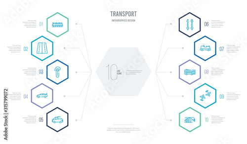 transport concept business infographic design with 10 hexagon options. outline icons such as small helicopter, planes, school bus empty, go kart, shock breaker, motorsport