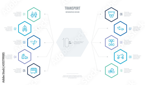 transport concept business infographic design with 10 hexagon options. outline icons such as old bicycle, bike with motor, ios 7 interface, car wit chassis, arraving airplane, fuse, car with luggage