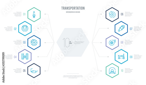 transportation concept business infographic design with 10 hexagon options. outline icons such as tunnel, hydraulic jack, air filter, damper, brake disc, wheel alignment