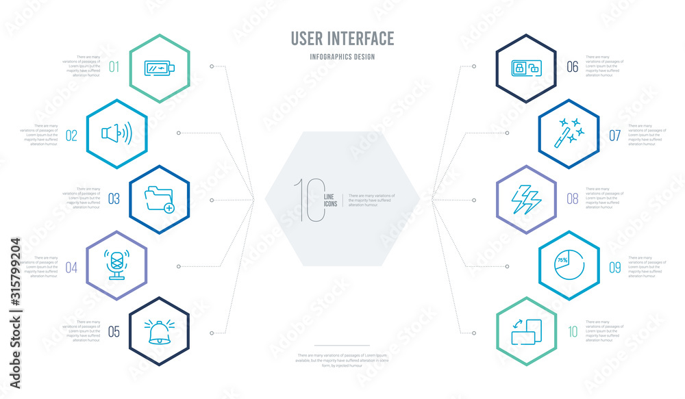 user interface concept business infographic design with 10 hexagon options. outline icons such as switch orientation button, round loading progress, lightning flash, magic wand button, slide to user interface concept business infographic design with 10 hexagon options. outline icons such as switch orientation button, round loading progress, lightning flash, magic wand button, slide to