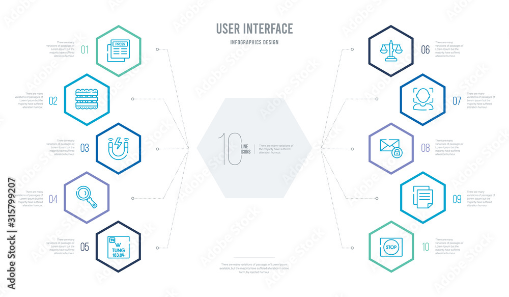 user interface concept business infographic design with 10 hexagon options. outline icons such as square stop button, blank file, unlock envelope, face detection, white balance, glass material user interface concept business infographic design with 10 hexagon options. outline icons such as square stop button, blank file, unlock envelope, face detection, white balance, glass material