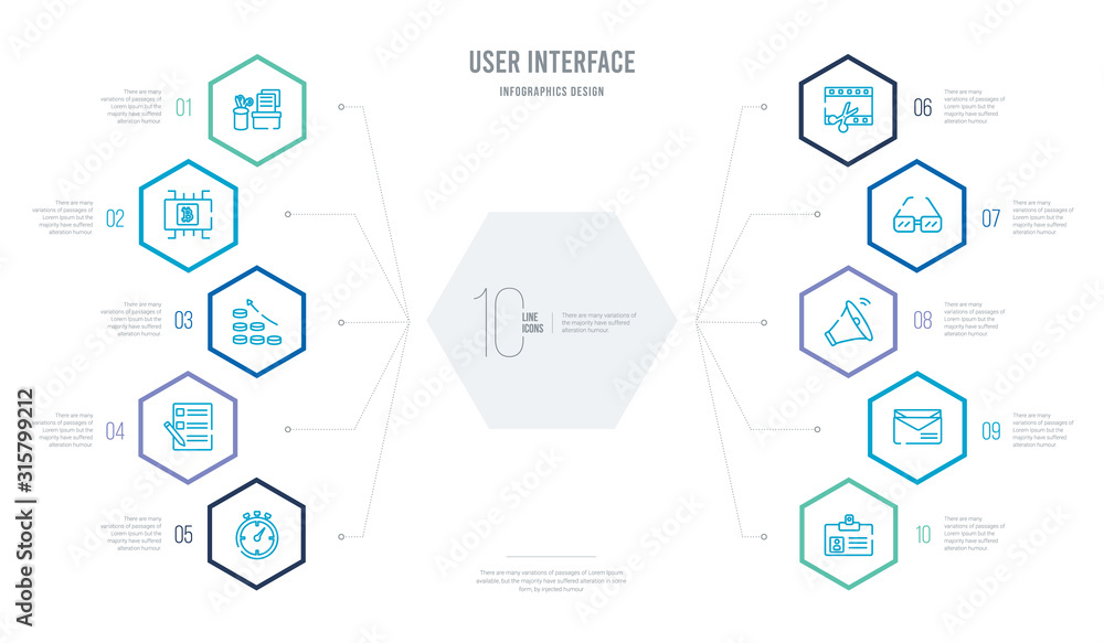 user interface concept business infographic design with 10 hexagon options. outline icons such as personal centials, letter envelope, loud audio, square glasses, video edition, form user interface concept business infographic design with 10 hexagon options. outline icons such as personal centials, letter envelope, loud audio, square glasses, video edition, form