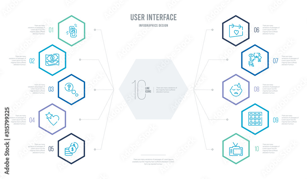 user interface concept business infographic design with 10 hexagon options. outline icons such as eighties, number, boring, insolent, heart on calendar, add to favorite user interface concept business infographic design with 10 hexagon options. outline icons such as eighties, number, boring, insolent, heart on calendar, add to favorite