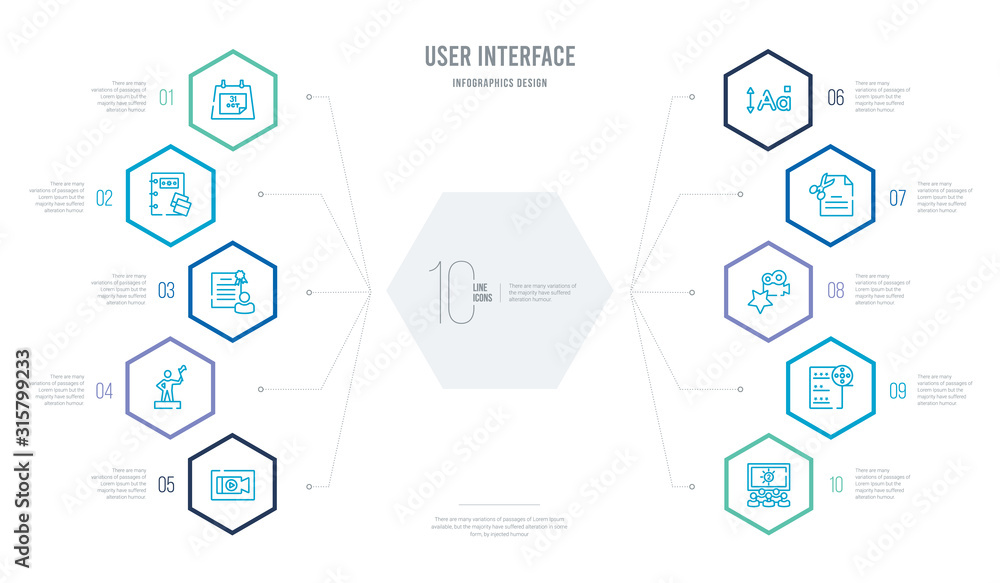 user interface concept business infographic design with 10 hexagon options. outline icons such as cinema hall, film list, cinema star, editor, text height, about successful man user interface concept business infographic design with 10 hexagon options. outline icons such as cinema hall, film list, cinema star, editor, text height, about successful man
