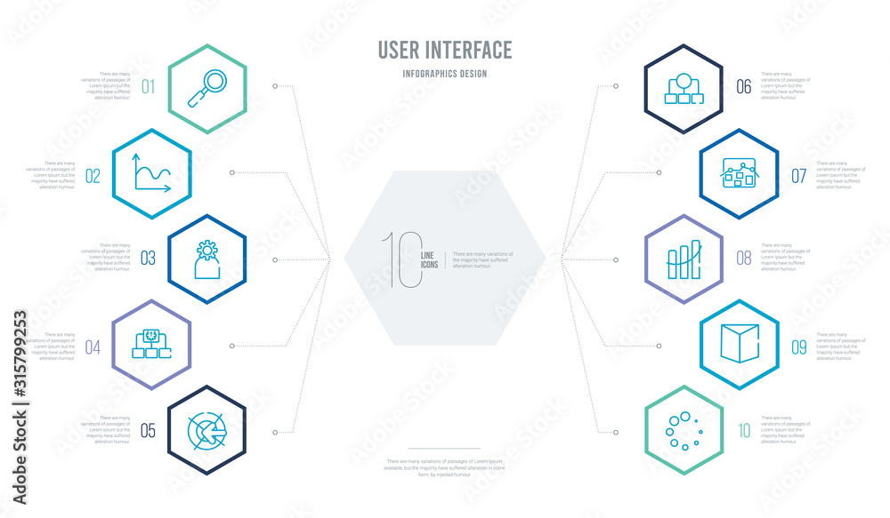 user interface concept business infographic design with 10 hexagon options. outline icons such as binary code loading, cube of squares, increasing data, line on checke background, connected data user interface concept business infographic design with 10 hexagon options. outline icons such as binary code loading, cube of squares, increasing data, line on checke background, connected data