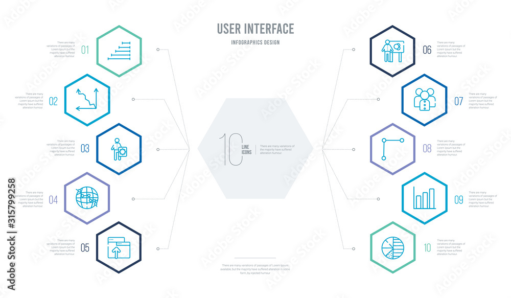 user interface concept business infographic design with 10 hexagon options. outline icons such as pie with four areas, bars chart page, data connection, humans, person explaining data, flow chart user interface concept business infographic design with 10 hexagon options. outline icons such as pie with four areas, bars chart page, data connection, humans, person explaining data, flow chart