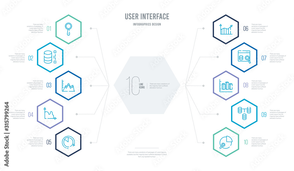 user interface concept business infographic design with 10 hexagon options. outline icons such as pie chart analysis interface, data interconnected, 3d data analytics dual bars, data search for user interface concept business infographic design with 10 hexagon options. outline icons such as pie chart analysis interface, data interconnected, 3d data analytics dual bars, data search for