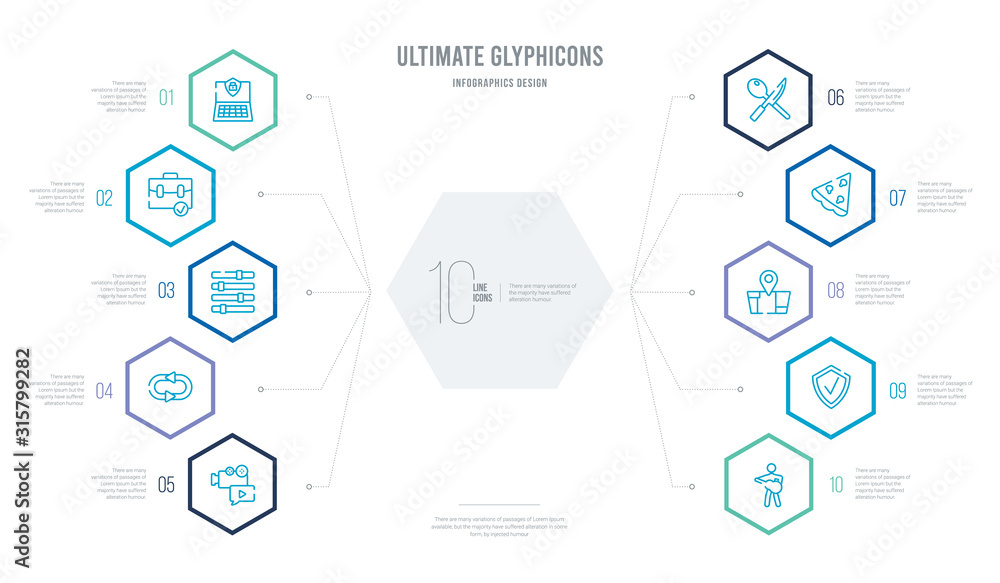 ultimate glyphicons concept business infographic design with 10 hexagon options. outline icons such as band, checked pin, map locator, pizza piece, knife and spoon crossed, reload arrow ultimate glyphicons concept business infographic design with 10 hexagon options. outline icons such as band, checked pin, map locator, pizza piece, knife and spoon crossed, reload arrow