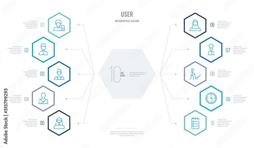user concept business infographic design with 10 hexagon options. outline icons such as checkup, round wall clock, golfer, pastry chef, muslim woman, thai user concept business infographic design with 10 hexagon options. outline icons such as checkup, round wall clock, golfer, pastry chef, muslim woman, thai