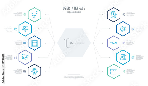 user interface concept business infographic design with 10 hexagon options. outline icons such as check box, offices, looking, past, anti clockwise, sound off