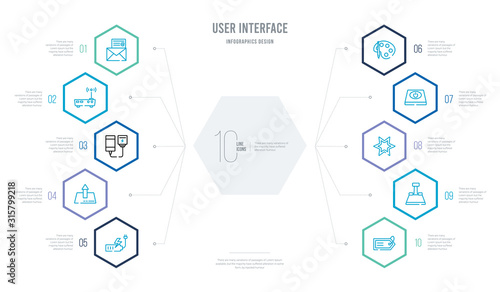 user interface concept business infographic design with 10 hexagon options. outline icons such as shopping label, shaped paper clip, rounded point star, tiny power, artist paint palette, uploading photo