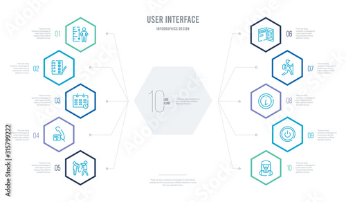 user interface concept business infographic design with 10 hexagon options. outline icons such as jamaican, turn off, information, tracking, newspaper folded, recording conversation