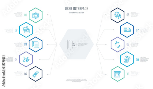 user interface concept business infographic design with 10 hexagon options. outline icons such as compose, rubbish, point at, cf, gear option, paper bird
