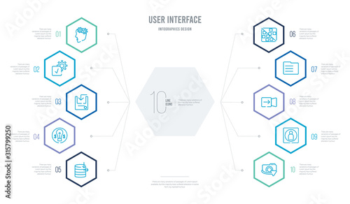 user interface concept business infographic design with 10 hexagon options. outline icons such as switch camera, photo size, switch video, justified, grid off, new idea