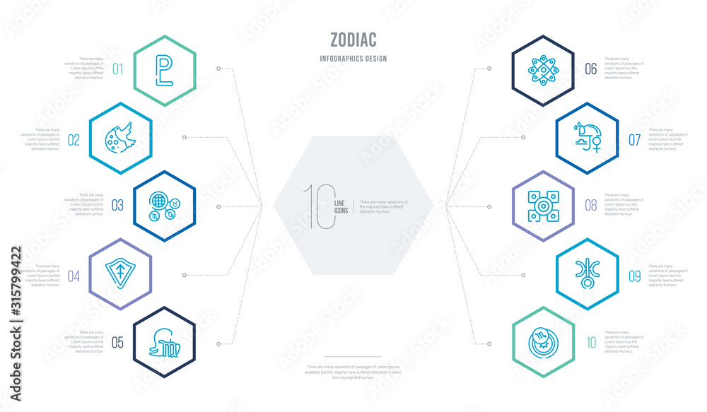 zodiac concept business infographic design with 10 hexagon options. outline icons such as time changes, uranus, excellence, precipitation, abundance, safety zodiac concept business infographic design with 10 hexagon options. outline icons such as time changes, uranus, excellence, precipitation, abundance, safety