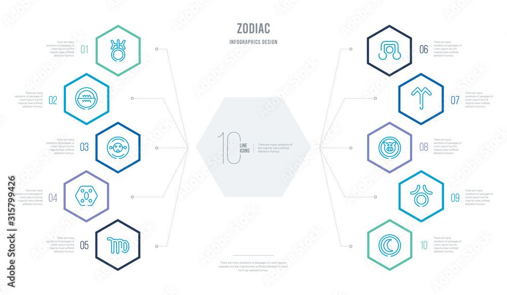 zodiac concept business infographic design with 10 hexagon options. outline icons such as wax, zinc, good luck, hope, coagulation, greatness zodiac concept business infographic design with 10 hexagon options. outline icons such as wax, zinc, good luck, hope, coagulation, greatness