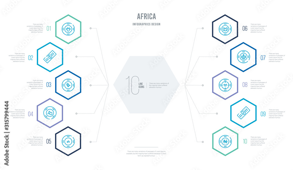 africa concept business infographic design with 10 hexagon options. outline icons such as nigerian naira, mozambican metical, central african franc, kenyan shilling, ethiopian birr, sudanese pound africa concept business infographic design with 10 hexagon options. outline icons such as nigerian naira, mozambican metical, central african franc, kenyan shilling, ethiopian birr, sudanese pound