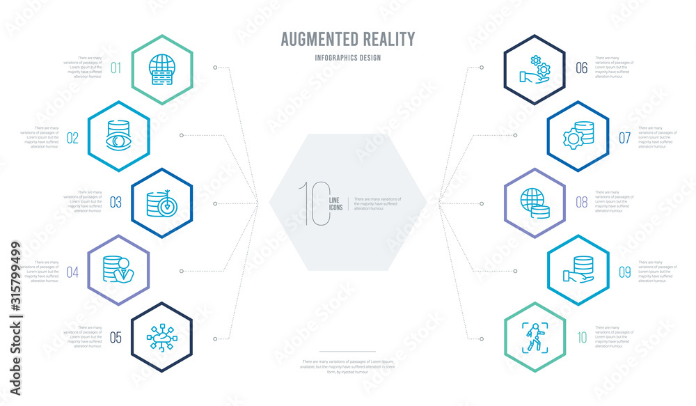 augmented reality concept business infographic design with 10 hexagon options. outline icons such as tracking, value, available, efficiency, technical support, users augmented reality concept business infographic design with 10 hexagon options. outline icons such as tracking, value, available, efficiency, technical support, users