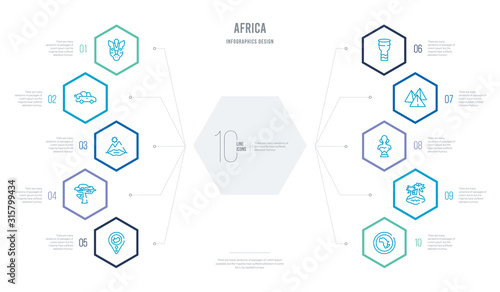 africa concept business infographic design with 10 hexagon options. outline icons such as africa, oasis, african, pyramids, african drum, baobab