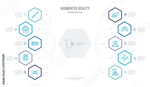 augmented reality concept business infographic design with 10 hexagon options. outline icons such as touch screen, rotation, 360 degrees, game control, depth perception, remote control photo