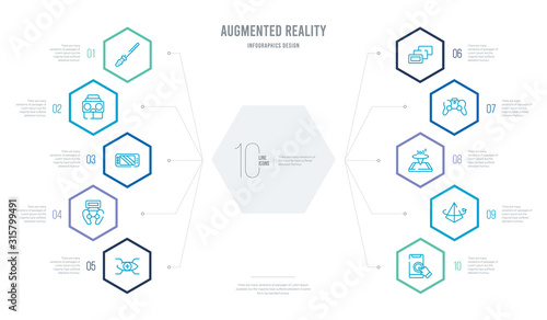 augmented reality concept business infographic design with 10 hexagon options. outline icons such as touch screen, rotation, 360 degrees, game control, depth perception, remote control
