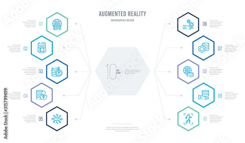 augmented reality concept business infographic design with 10 hexagon options. outline icons such as tracking, value, available, efficiency, technical support, users