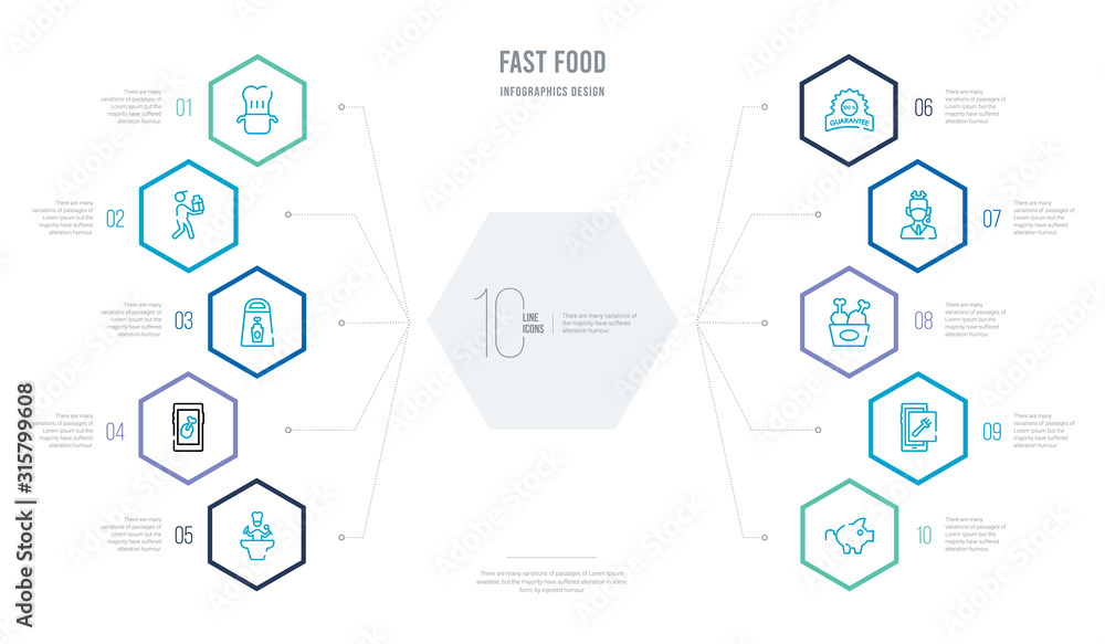 fast food concept business infographic design with 10 hexagon options. outline icons such as saving, ordering, fried chicken, operator, guarantee, mobile app fast food concept business infographic design with 10 hexagon options. outline icons such as saving, ordering, fried chicken, operator, guarantee, mobile app