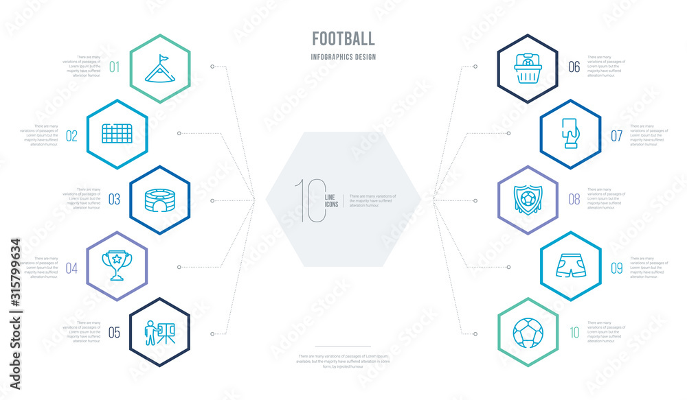 football concept business infographic design with 10 hexagon options. outline icons such as soccer ball, football shorts, badge, card, shopping basket, cup football concept business infographic design with 10 hexagon options. outline icons such as soccer ball, football shorts, badge, card, shopping basket, cup