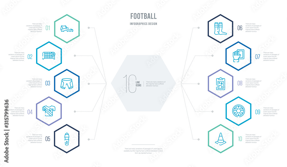football concept business infographic design with 10 hexagon options. outline icons such as cone, coin, plan, , socks, tshirt football concept business infographic design with 10 hexagon options. outline icons such as cone, coin, plan, , socks, tshirt