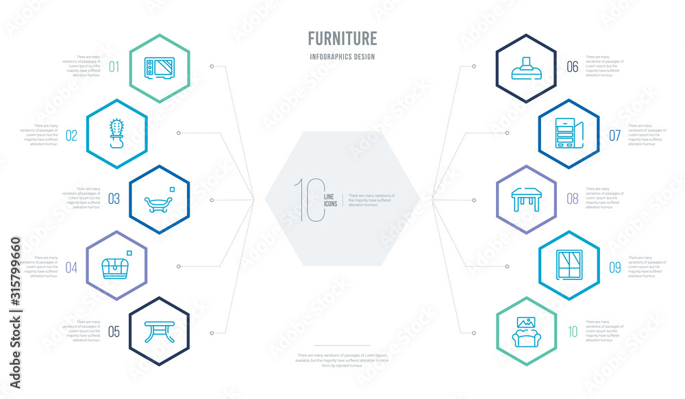 furniture concept business infographic design with 10 hexagon options. outline icons such as living room, window, table, fridge, chimney, chest furniture concept business infographic design with 10 hexagon options. outline icons such as living room, window, table, fridge, chimney, chest