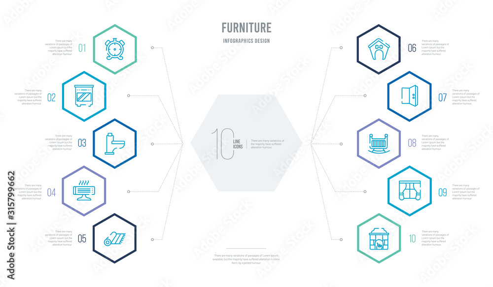 furniture concept business infographic design with 10 hexagon options. outline icons such as fireplace, curtain, crib, door, dog, heating furniture concept business infographic design with 10 hexagon options. outline icons such as fireplace, curtain, crib, door, dog, heating