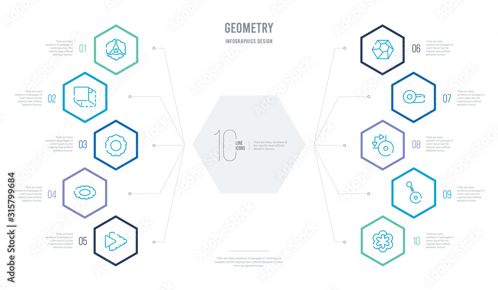 geometry concept business infographic design with 10 hexagon options. outline icons such as asterisk, diameter, dimensions, disk, dodecahedron, ellipse geometry concept business infographic design with 10 hexagon options. outline icons such as asterisk, diameter, dimensions, disk, dodecahedron, ellipse