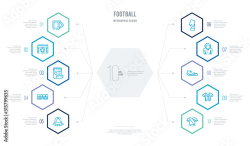 football concept business infographic design with 10 hexagon options. outline icons such as soccer jersey, referee jersey, football shoes, commentator, card, seats