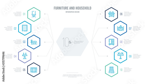 furniture and household concept business infographic design with 10 hexagon options. outline icons such as chest of drawers, coffee table, cupboard, dining room, dining table, kitchen table
